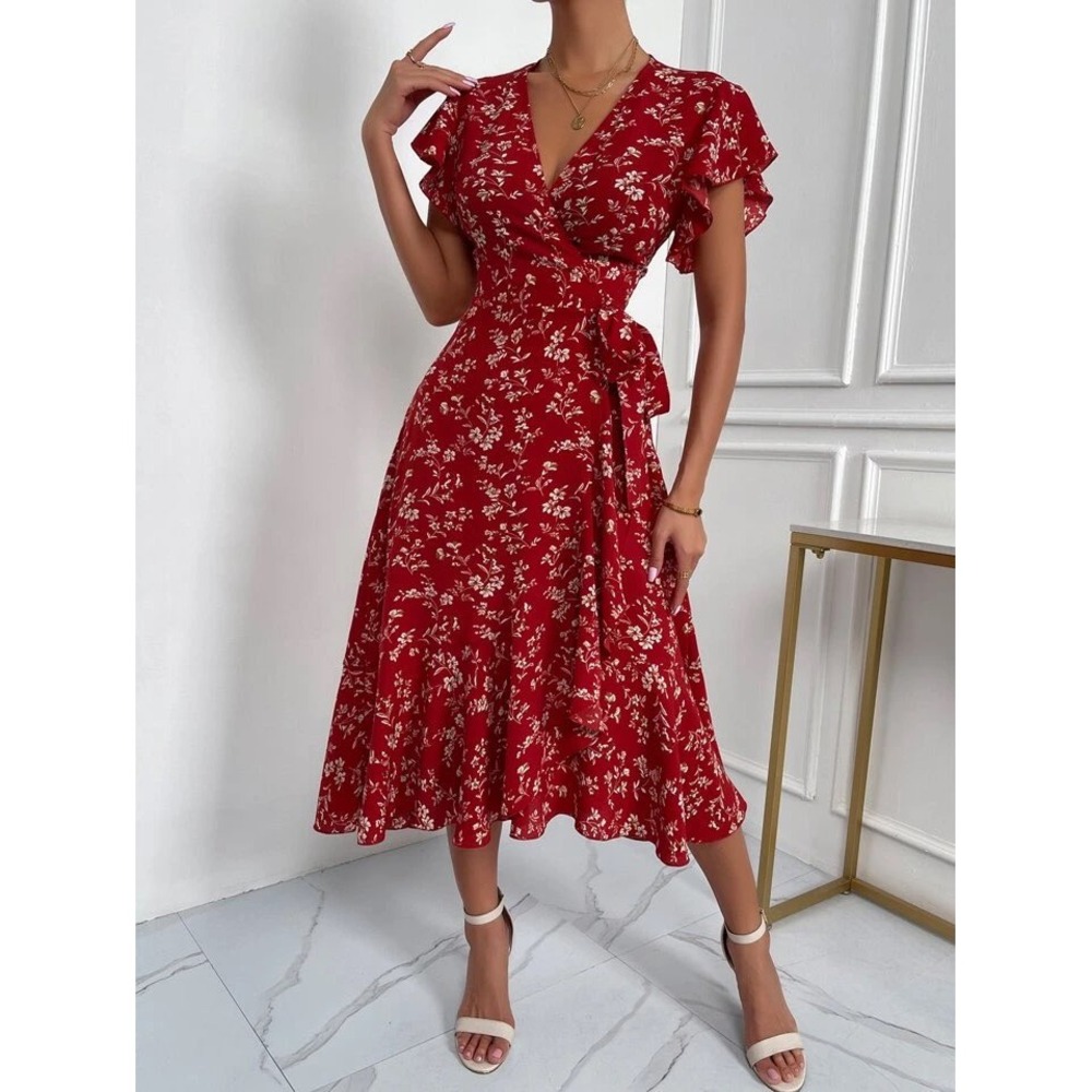 Shein‎ Floral Wrap Dress Ruffle Sleeve Midi Dress Red XS